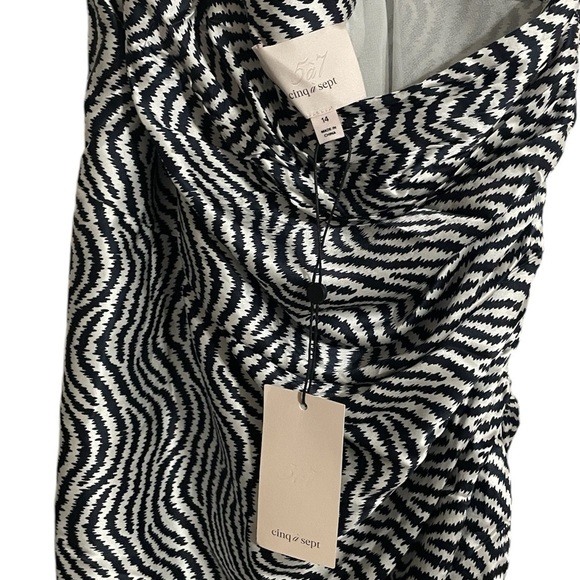 NWT Cinq a Sept Silk Christel Ruched One Shoulder White Navy Midi Dress - Picture 8 of 9